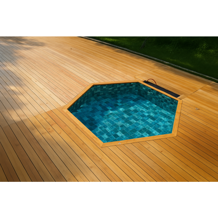 Piscine Bois Spark Ronde Hexagonale avec Escalier ⌀395x115cm  Pierre de Bali