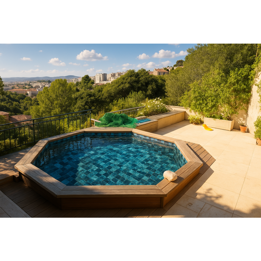 Piscine Bois Spark Ronde Hexagonale avec Escalier ⌀395x115cm  Pierre de Bali