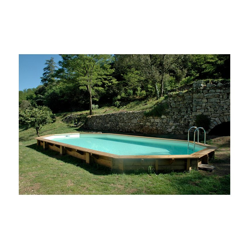 Piscine Bois Super Lucci Octogonale allongée avec Plage immergée + escalier 807x457x131cm