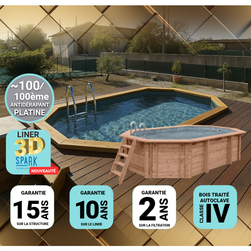 Piscine Bois PRESTIGE Octogonale Allongée SPARK avec Escalier 541x336x131cm Liner Relief 3D