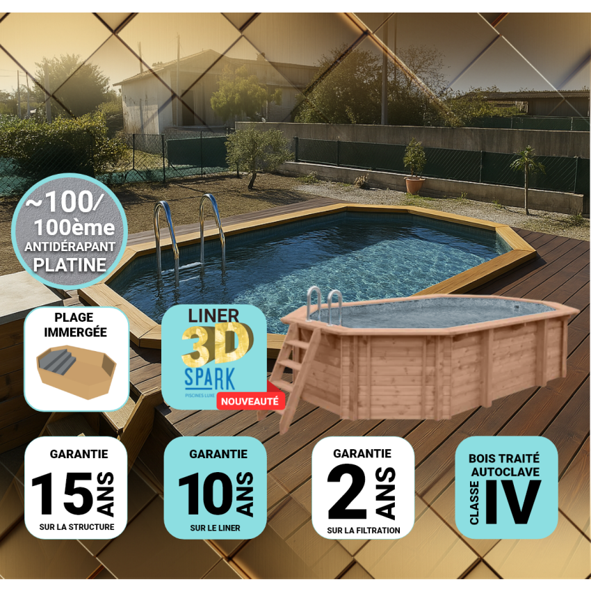 Piscine Bois PRESTIGE Octogonale Allongée SPARK 807x457x131cm Liner Relief 3D