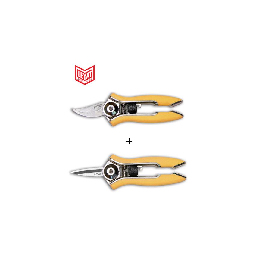 Lot de 2 Sécateurs Lame Courbe et Lame Droite Jaune Leyat HAPPY LINE
