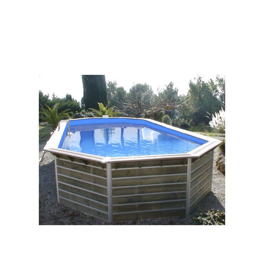 Piscine bois Octogonale Allongée SIAYAN 730x420x129cm Liner Bleu