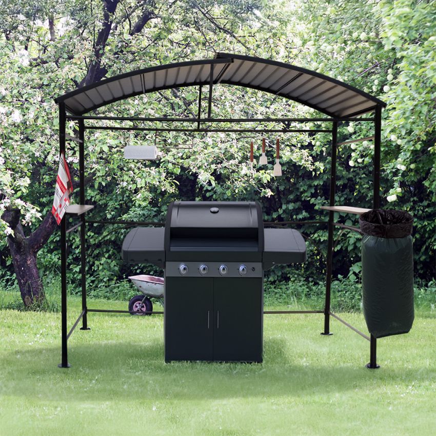 Carport barbecue à double toit finition époxy gris / toit réalisé en acier galvanisé / pieds à rattrapage de niveau et accessoires barbecue