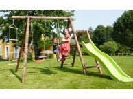 Portique en bois MURIER avec toboggan, 1 balançoire, 1 vis-à-vis et 1 échelle L243xl283xH195 cm