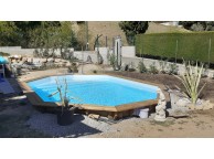 Piscine Bois d'Argent Octogonale allongée avec Plage Immergée + Escalier 612x407x131cm