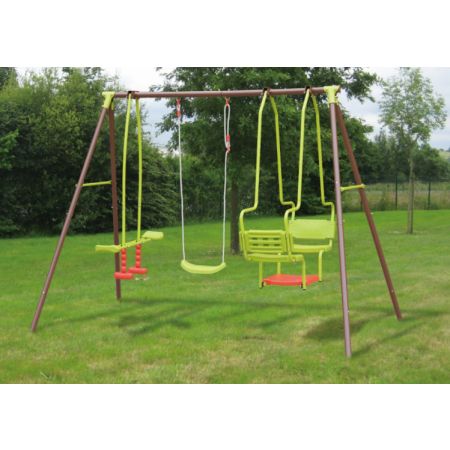 Portique en acier MALO 1B1V1CL : 1 balançoire, 1 vis-à-vis et 1 balancelle L269xl153xH195