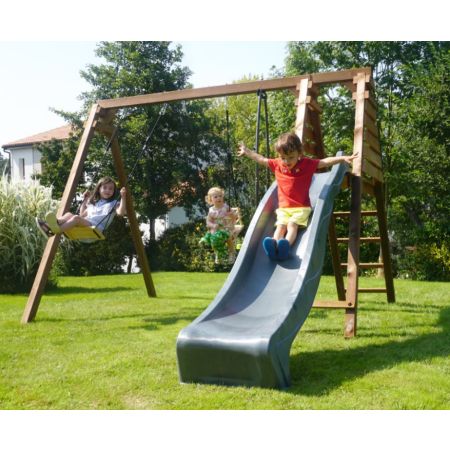 Portique en bois TREFLE avec toboggan, 1 balançoire, 1 vis-à-vis et 1 siège bébé L291xl351xH224 cm