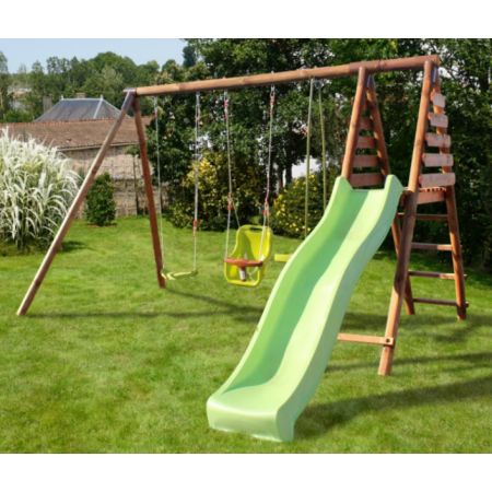 Portique en bois TULIPE avec toboggan, 1 balançoire, 1 siège bébé et 1 vis-à-vis L323xl354xH222 cm 
