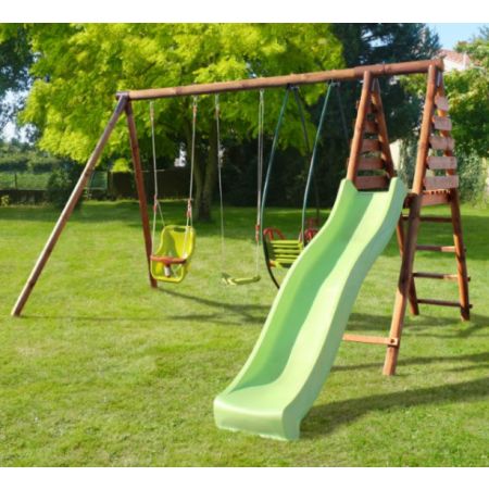 Portique en bois COLZA avec toboggan, 1 balançoire, 1 siège bébé et 1 balancelle L344xl354xH222 cm