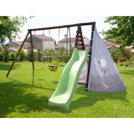 Portique en bois CAMELIA avec toboggan, 1 balançoire, 1 siège bébé et 1 vis-à-vis L426xl354xH222 cm