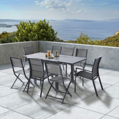 Ensemble De Jardin MODULO ALU 4/8 Personnes Gris Anthracite avec fauteuils et chaises pliables 