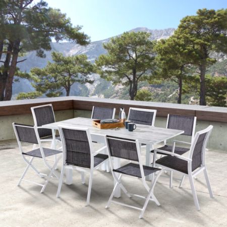Ensemble De Jardin MODULO ALU 4/8 Personnes DECOR BOIS avec 4 Fauteuils et 4 Chaises pliables 