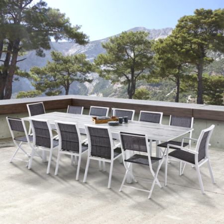 Ensemble De Jardin MODULO ALU 8/12 Personnes DECOR BOIS avec 8 Fauteuils et 4 Chaises Pliables 