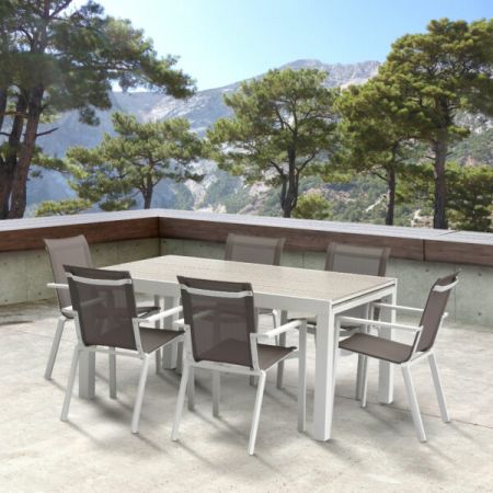 Ensemble de jardin Tulum ALU 6/10 Personnes DECOR BOIS GRIS avec 6 fauteuils