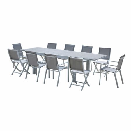 Ensemble de jardin Tulum ALU 6/10 Personnes DECOR BOIS GRIS avec 6 fauteuils et 4 chaises