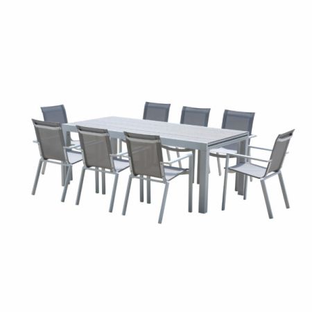 Ensemble de jardin Tulum ALU 8/12 Personnes DECOR BOIS GRIS avec 8 fauteuils 