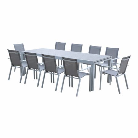 Ensemble de jardin Tulum ALU 10/14 Personnes DECOR BOIS GRIS avec 10 fauteuils et 4 chaises 