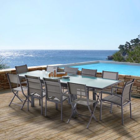 Ensemble De Jardin MODULO 6/10 Places Verre Gris Anthracite avec fauteuil et chaise 