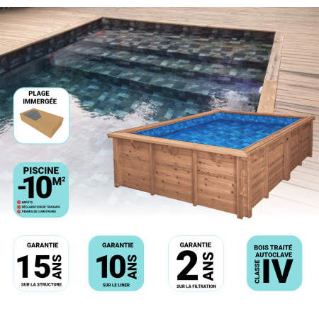 Piscine Bois Luxe Rectangulaire avec Plage immergée + escalier 420x320x131cm Pierre de Bali