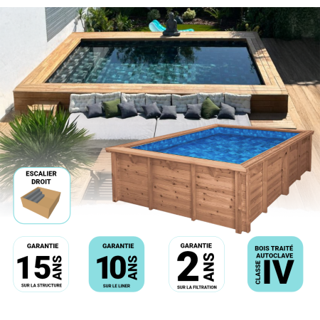 Piscine Bois Luxe Rectangulaire avec Escalier 620x420x130 cm Pierre de Bali 