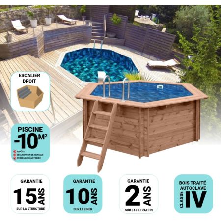Piscine Bois Spark Ronde Hexagonale avec Escalier ⌀395x115cm  Pierre de Bali