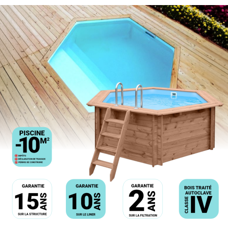 Piscine Bois Spark Ronde Hexagonale avec Plage immergée + Escalier ⌀395x115cm