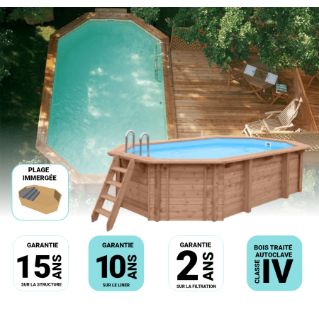 Piscine Bois Super Lucci Octogonale allongée avec Plage Immergée + Escalier 800x457x130 cm
