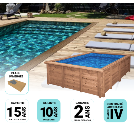 Piscine Bois Lenny Rectangulaire Avec Plage Immergée  + Escalier 720x400x145 cm Pierre de Bali