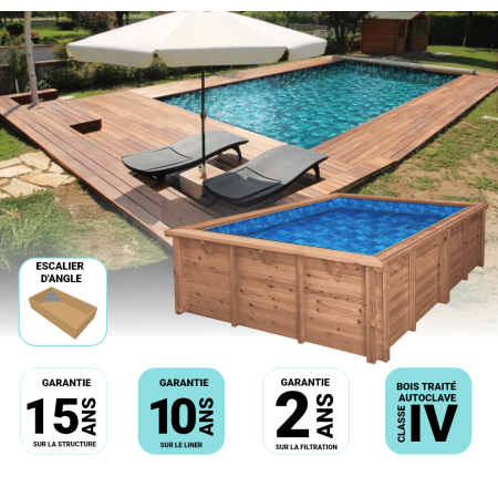 Piscine Bois Lenny Rectangulaire avec Escalier d'angle 720x400x145 cm Pierre de Bali