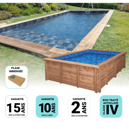 Piscine Bois Lenny Rectangulaire avec Plage Immergée 720x400x145cm Pierre de Bali
