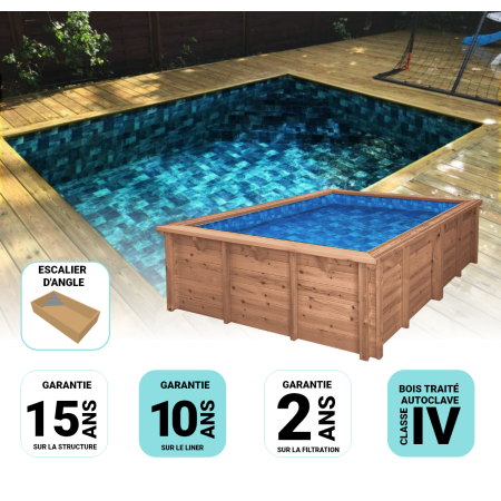 Piscine Bois Rebecca Rectangulaire avec Escalier D'angle 920x420x145 cm Pierre de Bali