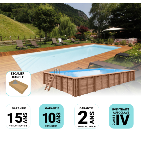 Piscine Bois Supreme Rectangulaire avec Escalier d'Angle 1220x520x145 cm