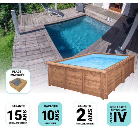 Piscine Bois Anna Carrée avec Plage immergée + Escalier 520x520x145cm