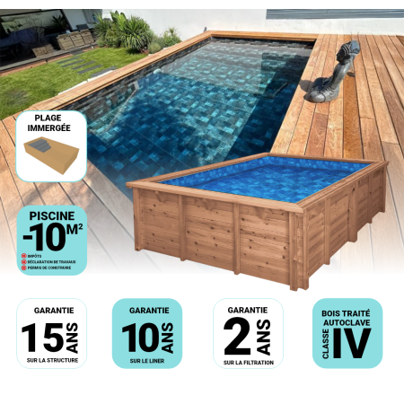 Piscine Bois Bianca Rectangulaire Luxe avec Plage immergée + Escalier 520x220x145cm Pierre de Bali