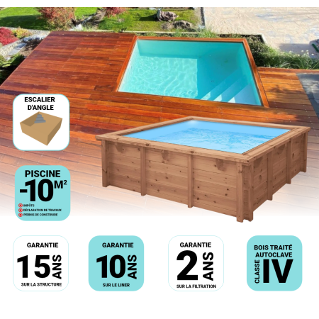 Piscine Bois Sunny Carrée avec Escalier d'angle 320x320x131cm