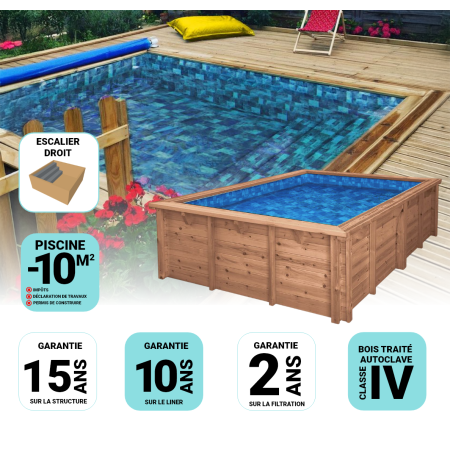 Piscine Bois Sunny Carrée avec Escalier 320x320x131cm Pierre de Bali