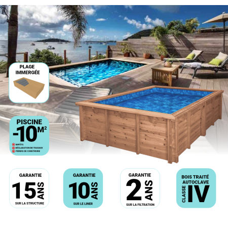 Piscine Bois Luna Rectangulaire avec Plage immergée + Escalier 350x270x70cm Pierre de Bali