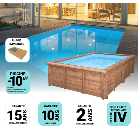 Piscine Bois Luna Rectangulaire avec Plage immergée + Escalier 350x270x70cm