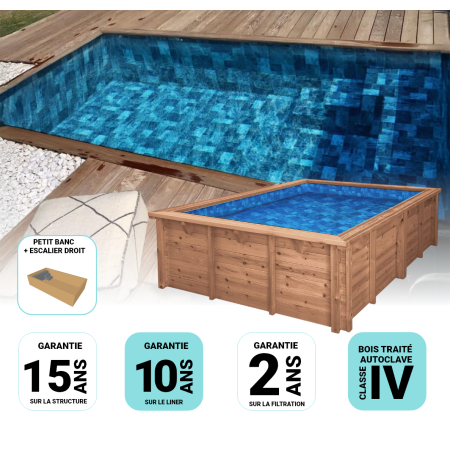 Piscine Bois Rectangulaire Luxe avec Banc et Petit escalier 620x420x145cm Pierre de Bali