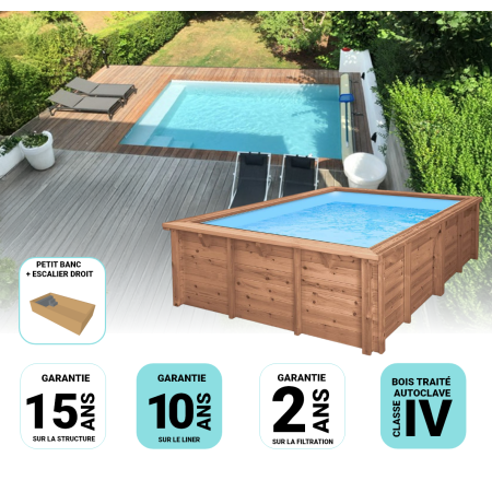 Piscine Bois Hors Sol Rectangulaire Luxe Avec Banc et Petit escalier 620x420x145cm