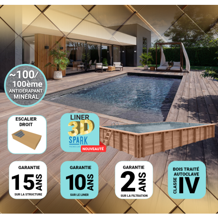 Piscine Bois PRESTIGE Rectangulaire avec Escalier 470x270x145cm Liner Relief 3D