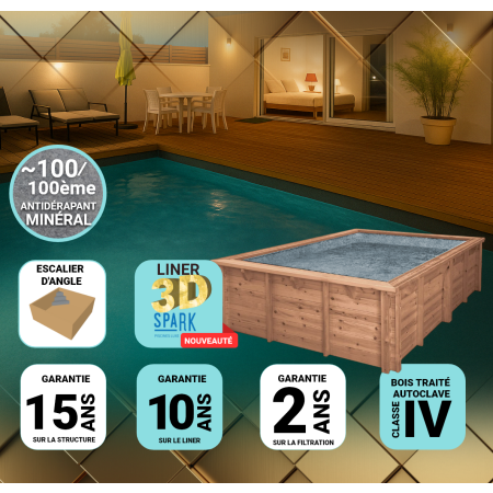 Piscine Bois PRESTIGE Carrée TROPICANA SPARK avec Escalier d'angle 320x320x145 cm Liner Relief 3D