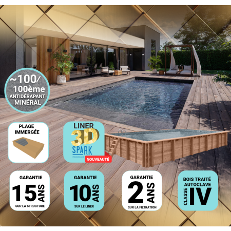 Piscine Bois PRESTIGE California Rectangulaire avec Plage immergée + escalier SPARK 520x220x131cm Liner Relief 3D