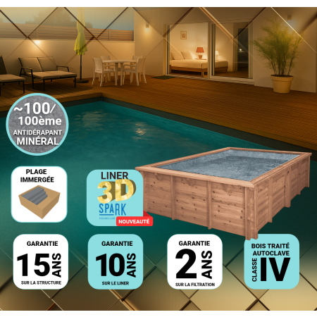Piscine Bois PRESTIGE Capri Carrée avec Plage Immergée + Escalier SPARK 420x420x145cm Liner Relief 3D