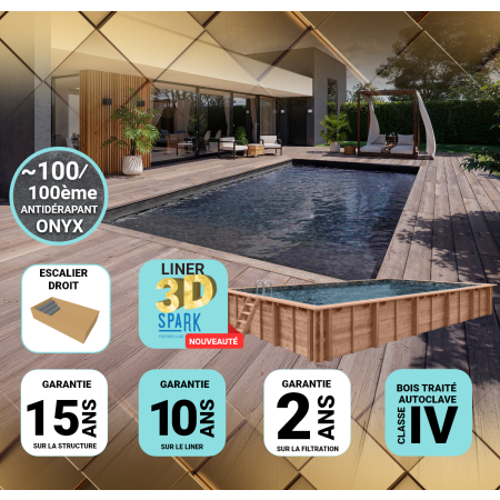 Piscine Bois PRESTIGE  DIANA Rectangulaire avec Escalier SPARK 820x420x145cm Liner Relief 3D