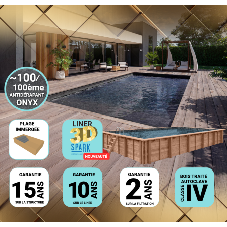 Piscine Bois PRESTIGE Rectangulaire SPARK avec Plage immergée + escalier 420x320x131cm Liner Relief 3D
