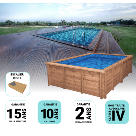 Piscine Bois Rectangulaire Luxe avec Escalier Droit 620x420x145cm Pierre de Bali