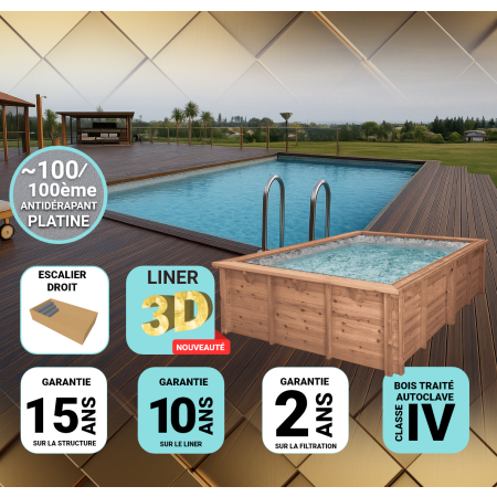 Piscine Bois PRESTIGE LUNA Rectangulaire avec Escalier SPARK 350x270x70cm Liner Relief 3D