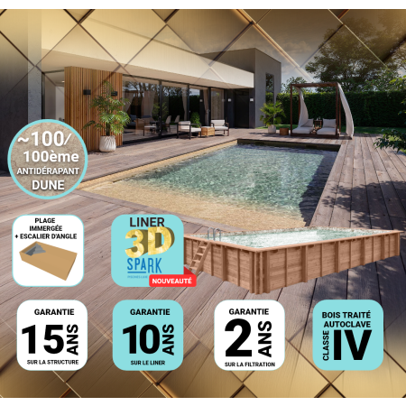 Piscine Bois PRESTIGE Rectangulaire avec Plage Immergée + Escalier d'Angle 420x320x145 cm Liner Relief 3D